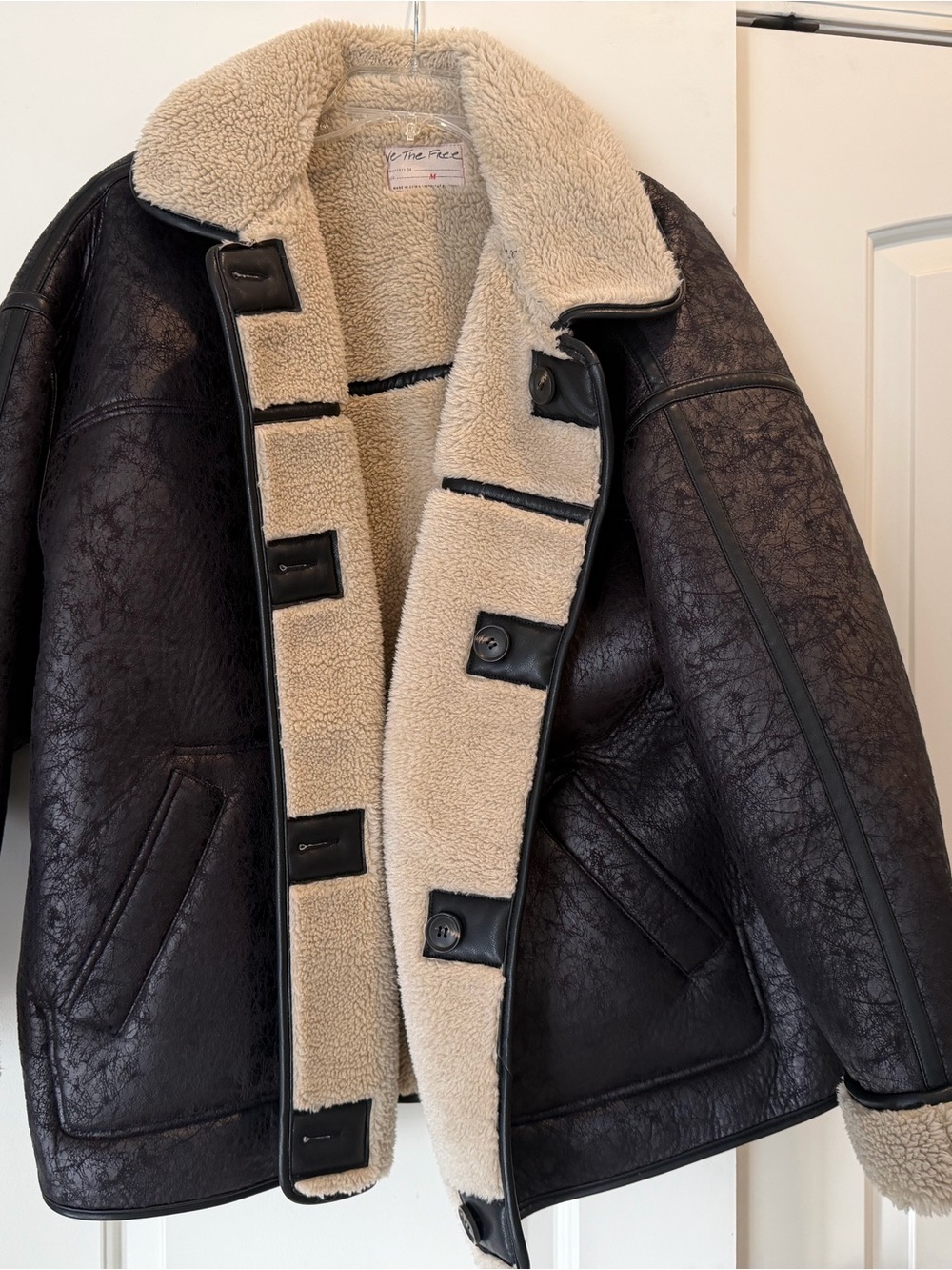Free People Black Leather-Style Shearling Aviator Jacket with Cream Lining